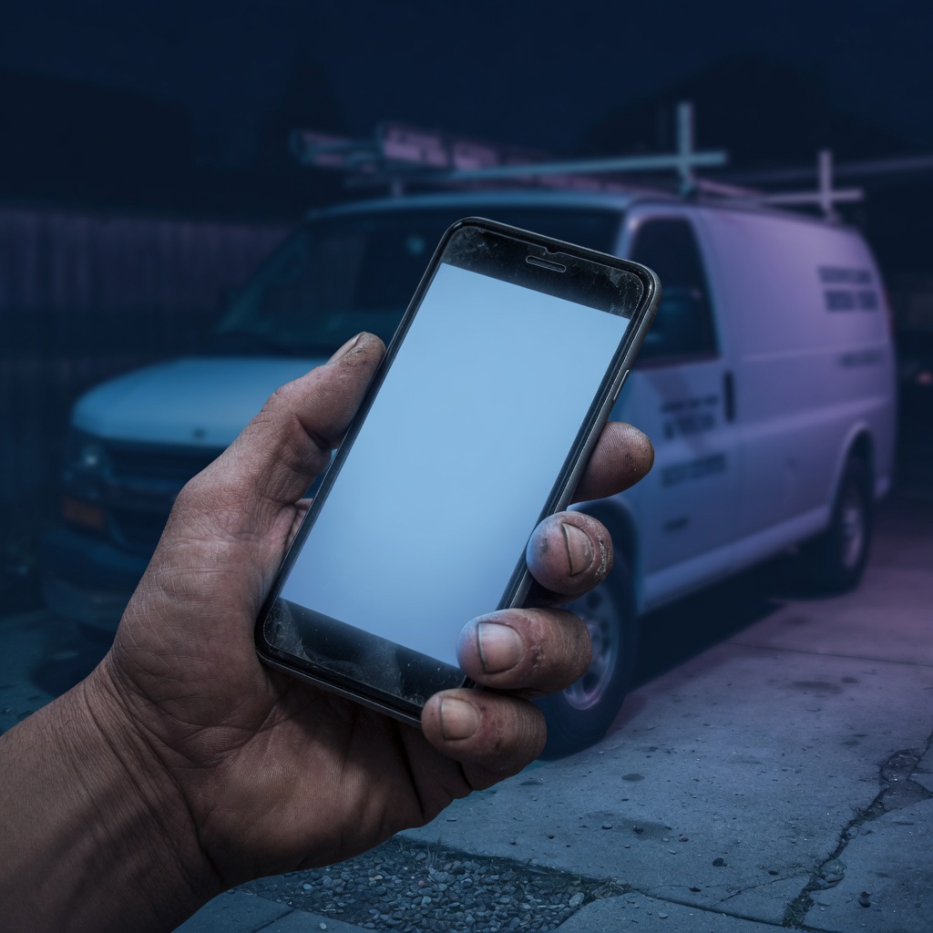 A work-worn hand holding a phone in a driveway, a service van out of focus behind it